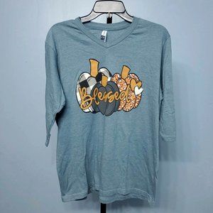 "Blessed" Pumpkin Print 3/4 Sleeve V-Neck T-Shirt |Size: L